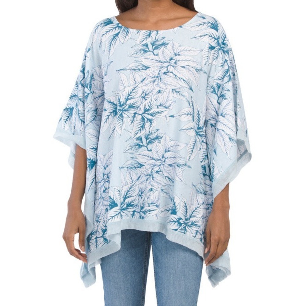 For‎ Cynthia Linen Blue Floral Tunic Top Large Coastal Poncho Sleeve Light NWT
